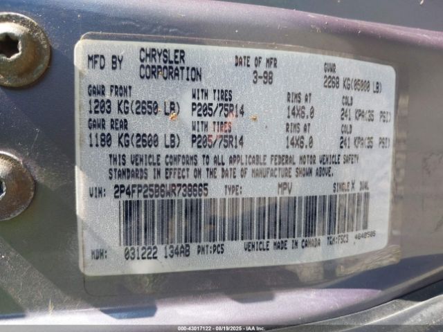 1998 PLYMOUTH VOYAGER 2P4FP25B6WR738665 Photo 8