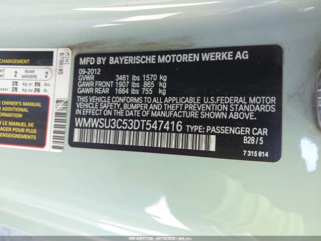 2013 MINI HARDTOP WMWSU3C53DT547416 Photo 8