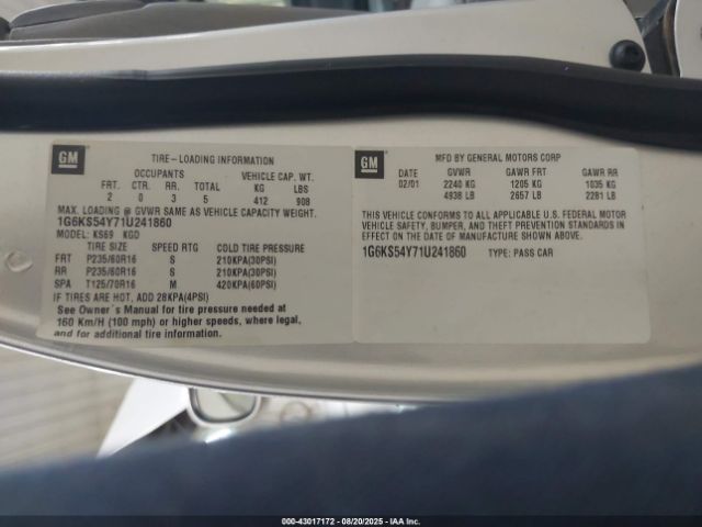 2001 CADILLAC SEVILLE 1G6KS54Y71U241860 Photo 8