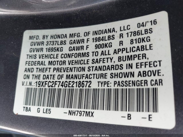 19XFC2F74GE218672 Honda k20c2