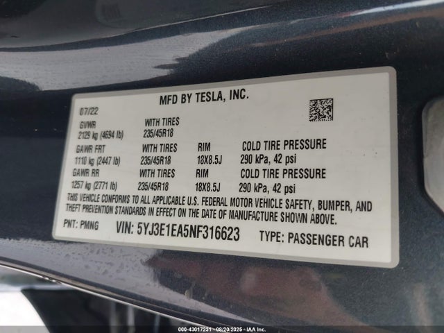 2022 TESLA MODEL 3 5YJ3E1EA5NF316623 Photo 8