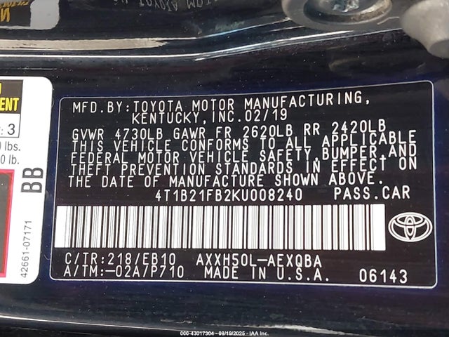 Toyota a25a-fxs, 3nm 2019 4T1B21FB2KU008240 Image 9