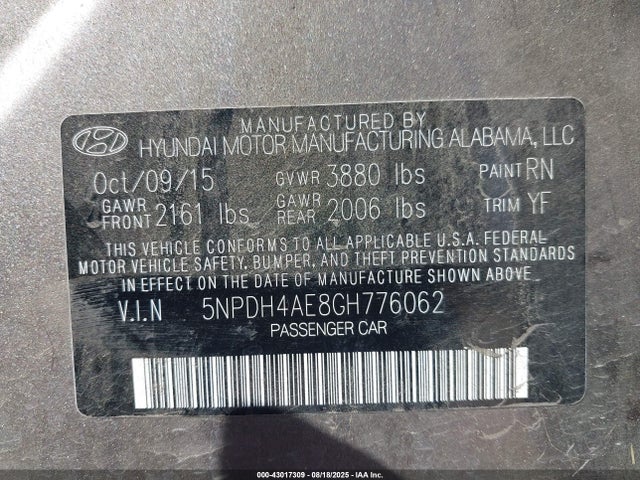 Hyundai dohc mpi nu 2016 5NPDH4AE8GH776062 Image 9