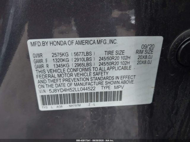 2020 ACURA MDX 5J8YD4H52LL044522 Photo 8