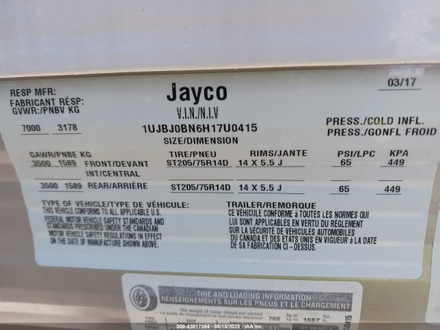 Aukcja sprzedaży 2017 Jay Flight Jayco, vin: 1UJBJ0BN6H17U0415, numer aukcji: 43017364