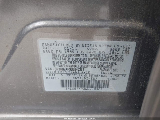 Nissan Sentra 2016 3N1AB7AP3GL640321 Image 9