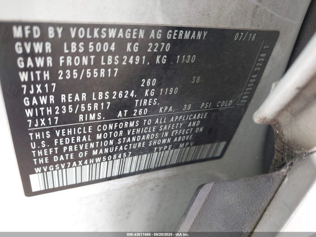 WVGSV7AX4HW508457 Volkswagen 2.0 tsi