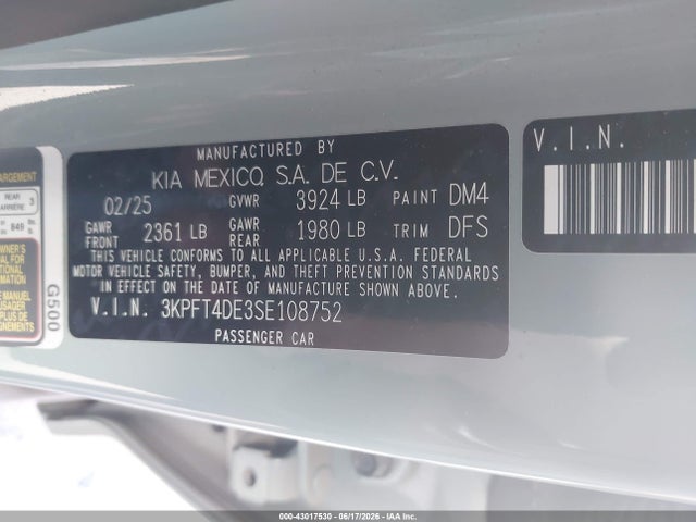 43017530 :رقم المزاد ، 3KPFT4DE3SE108752 vin ، 2025 Kia K4 Lxs مزاد بيع