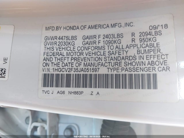 Honda k20c4 2018 1HGCV2F35JA051597 Image 9