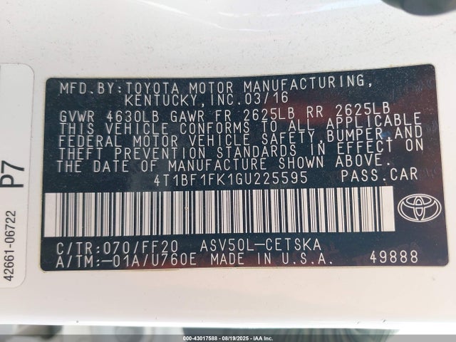 Toyota 2ar-fe 2016 4T1BF1FK1GU225595 Image 9