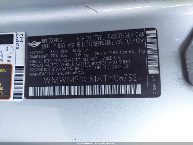 2010 MINI COOPER S WMWMS3C51ATY08732 Photo 8