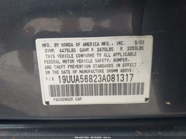 2003 ACURA TL 19UUA56823A081317 Photo 8