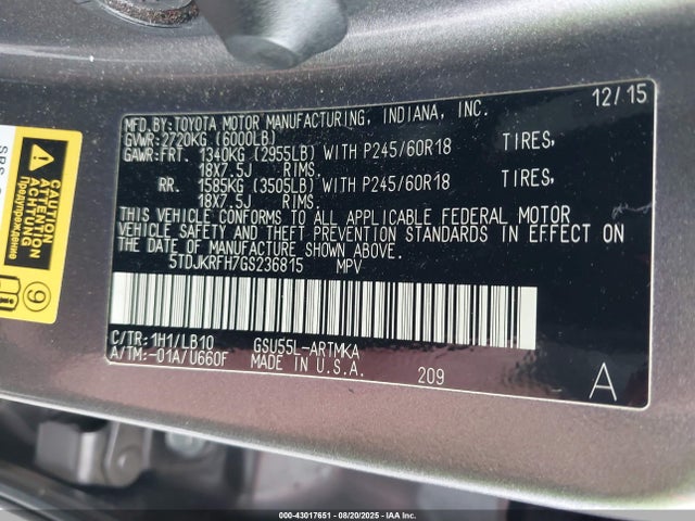 5TDJKRFH7GS236815 Toyota 2gr-fe