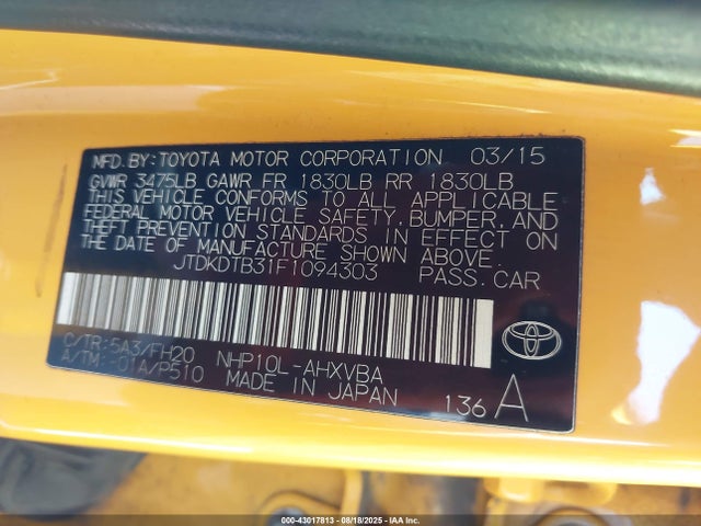 JTDKDTB31F1094303 Toyota 1nz-fxe+1lm
