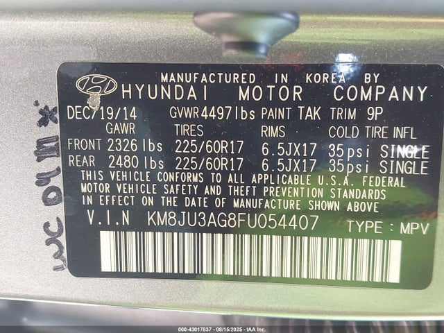 KM8JU3AG8FU054407 Hyundai dohc gdi theta ii