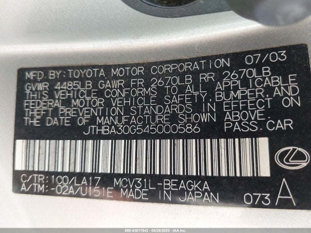 Продаж на аукціоні авто 2004 Lexus Es 330, vin: JTHBA30G545000586, номер лоту: 43017842