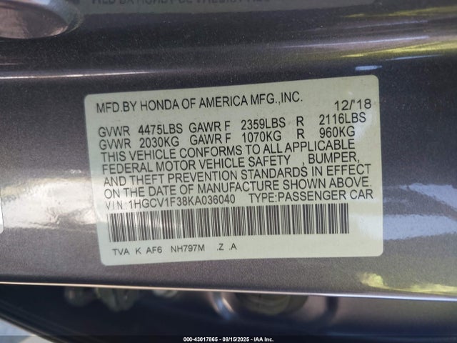1HGCV1F38KA036040 Honda l15be