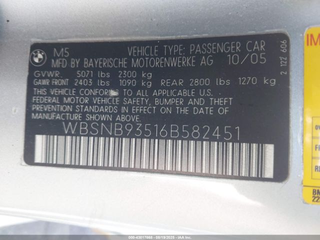 2006 BMW M5 WBSNB93516B582451 Photo 8