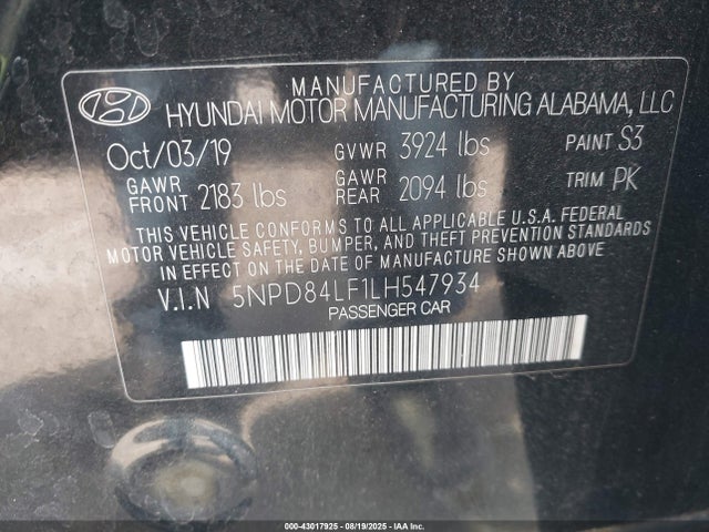 5NPD84LF1LH547934 Hyundai mpi nu