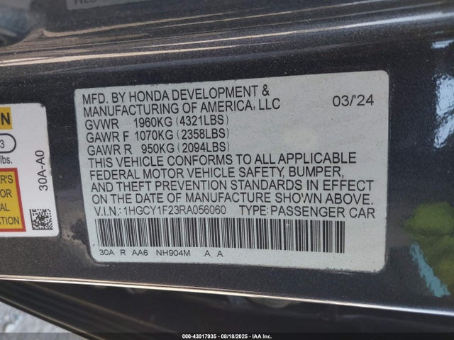 1HGCY1F23RA056060 Honda l15be
