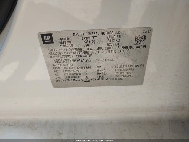 1GC1KVEY9HF181540 Chevrolet l5p - direct injection, duramax, gen 5, var 1