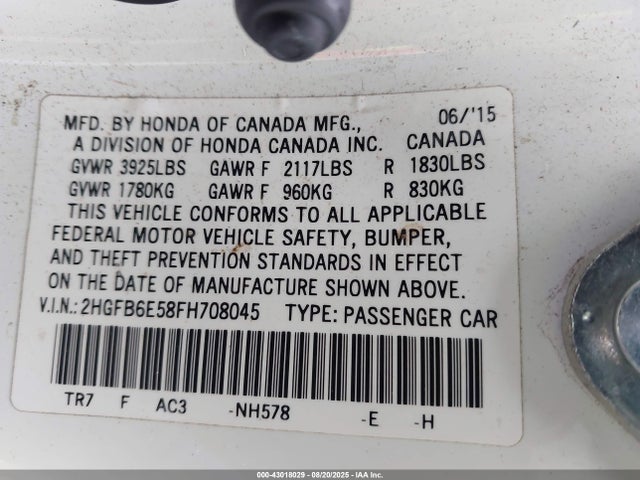 Honda k24z7 2015 2HGFB6E58FH708045 Image 9