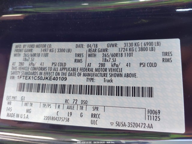 Ford 5.0l 4v 2018 1FTEX1C50JKE40109 Image 9