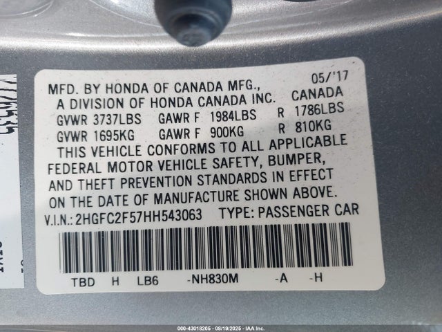 Honda Civic Lx 2017 2HGFC2F57HH543063 Image 9
