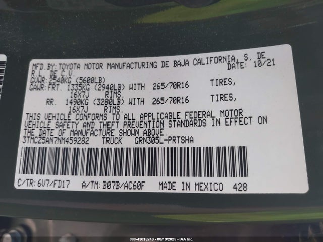 3TMCZ5AN7NM459282 Toyota 2gr-fks