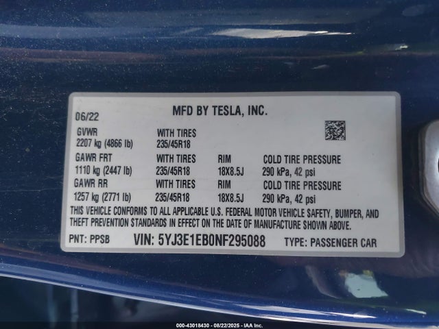 2022 TESLA MODEL 3 5YJ3E1EB0NF295088 Photo 8