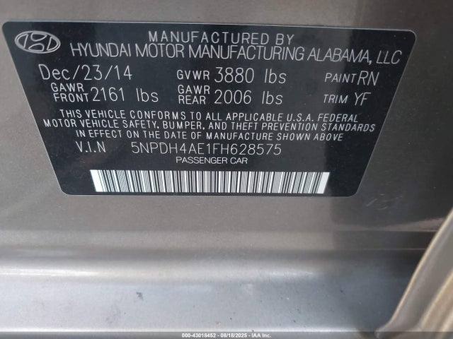 Hyundai dohc mpi nu 2015 5NPDH4AE1FH628575 Image 9