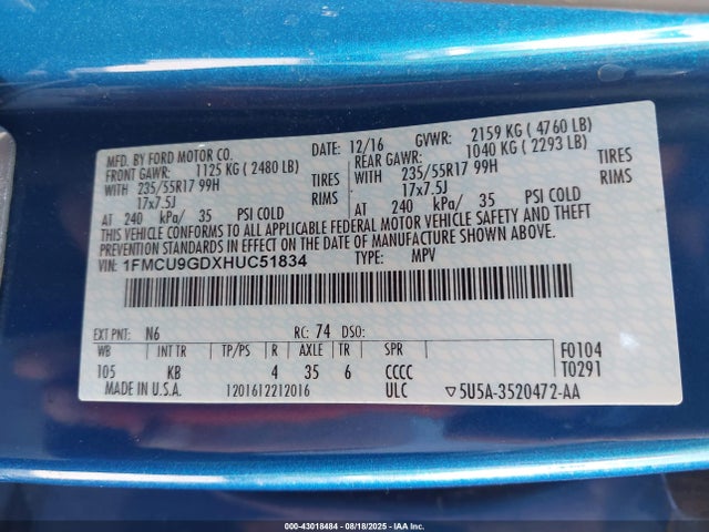 1FMCU9GDXHUC51834 Ford gtdi sigma w/premium fuel