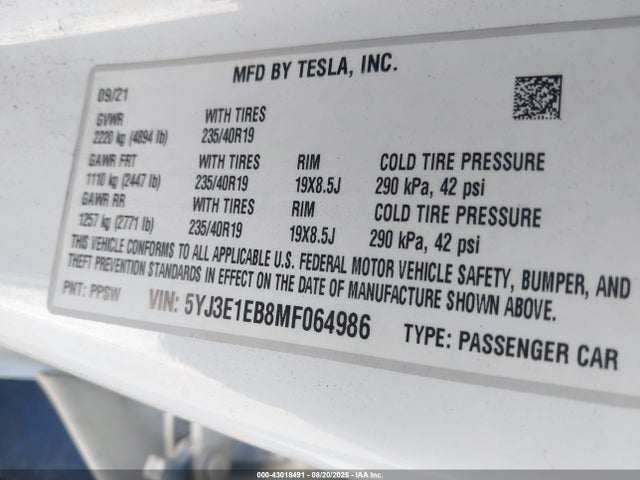 2021 TESLA MODEL 3 5YJ3E1EB8MF064986 Photo 8