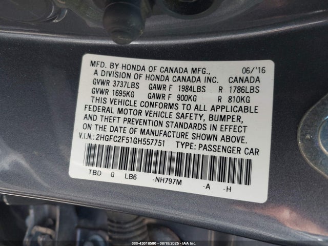 Honda k20c2 2016 2HGFC2F51GH557751 Image 9
