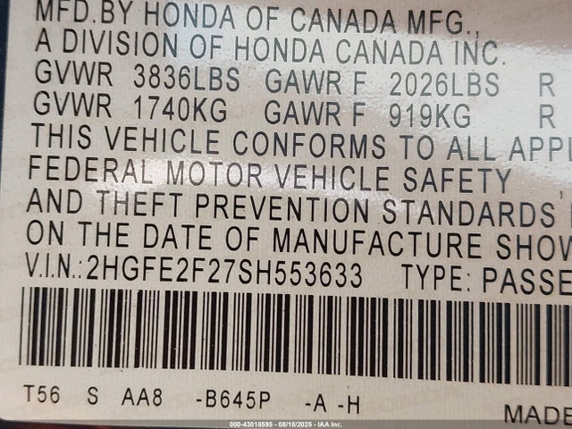 Honda k20c9 2025 2HGFE2F27SH553633 Image 9