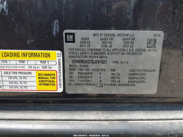 1GNKRGKD7GJ341821 Chevrolet llt - sidi, alum, 60 degrees