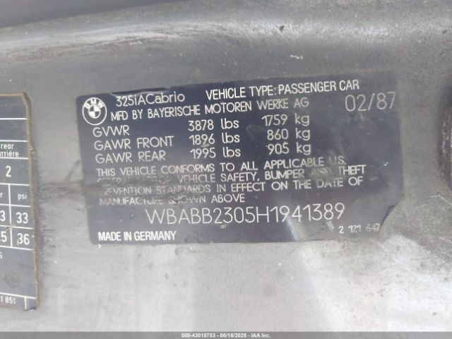 1987 BMW 325 WBABB2305H1941389 Photo 8