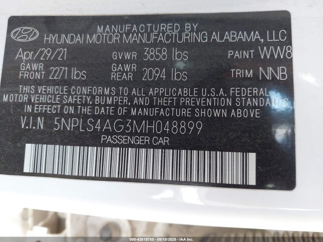 5NPLS4AG3MH048899 Hyundai mpi nu pe