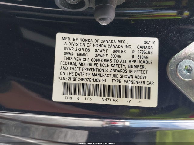 2HGFC4B07GH309591 Honda k20c2