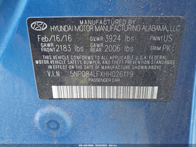 5NPD84LFXHH026119 Hyundai 2017