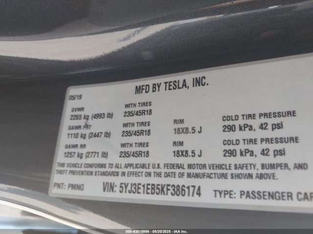 2019 TESLA MODEL 3 5YJ3E1EB5KF386174 Photo 8