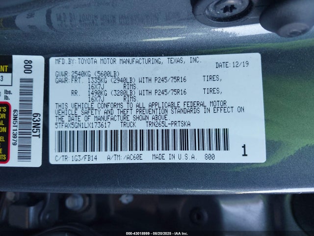 5TFAX5GN1LX173617 Toyota 2tr-fe