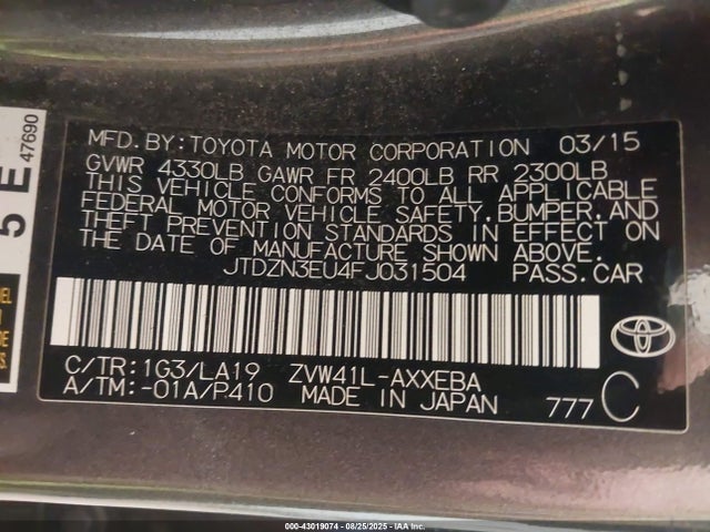 JTDZN3EU4FJ031504 Toyota 2zr-fxe+5jm