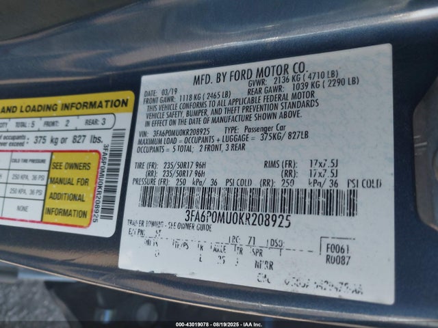 Ford 2019 2019 3FA6P0MU0KR208925 Image 9