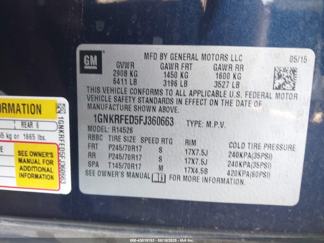 Chevrolet llt 2015 1GNKRFED5FJ360663 Image 9