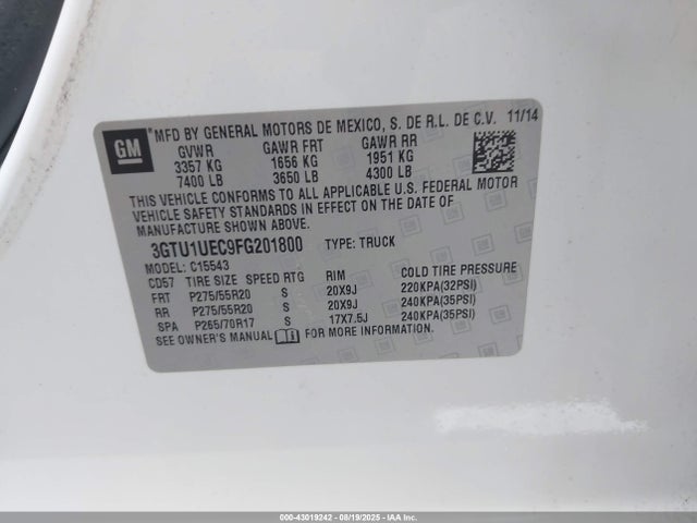 2015 Gmc Sierra 1500 Sle მანქანა იყიდება აუქციონზე, vin: 3GTU1UEC9FG201800, აუქციონის ნომერი: 43019242