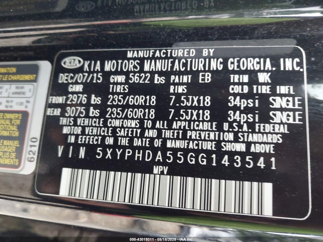5XYPHDA55GG143541 KIA dohc gdi lambda ii