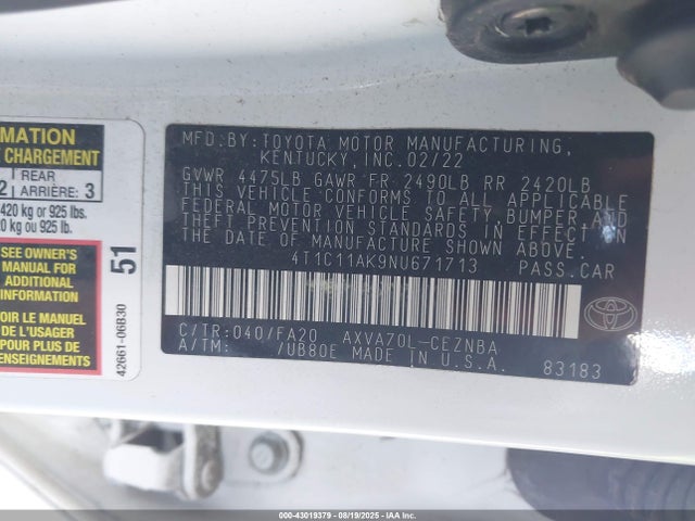 4T1C11AK9NU671713 Toyota a25a-fks