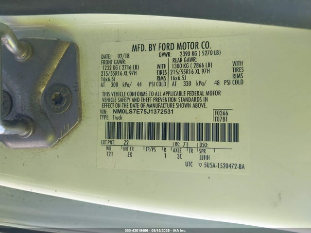 Ford 2.5l dohc pfi 2018 NM0LS7E75J1372531 Image 9
