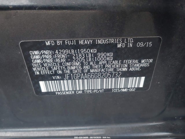 Subaru 2.0l na 2016 JF1GPAA66G8205732 Image 9